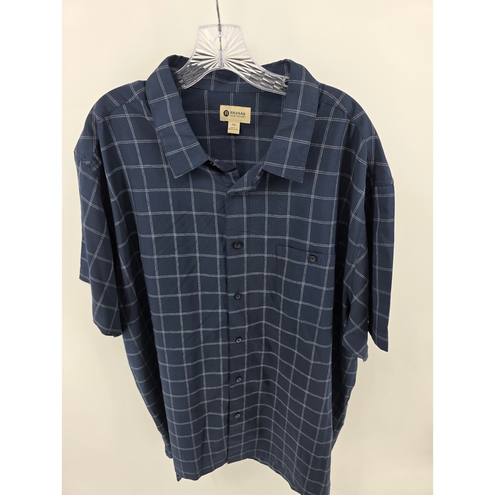 Haggar Clothing Co Mens XXL Navy Blue Grid Short Sleeve Button Down Shirt